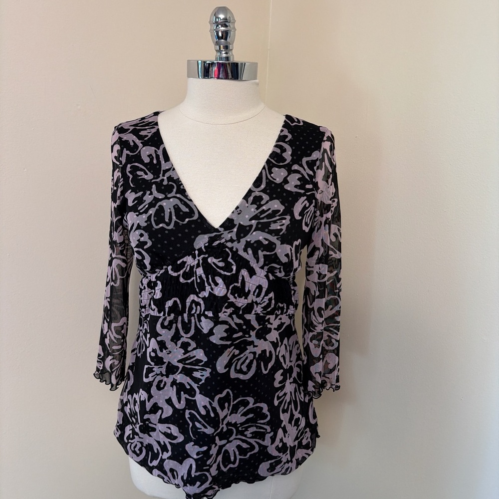 Vintage Inc Black & Light Pink Floral V Neck Mesh Top L